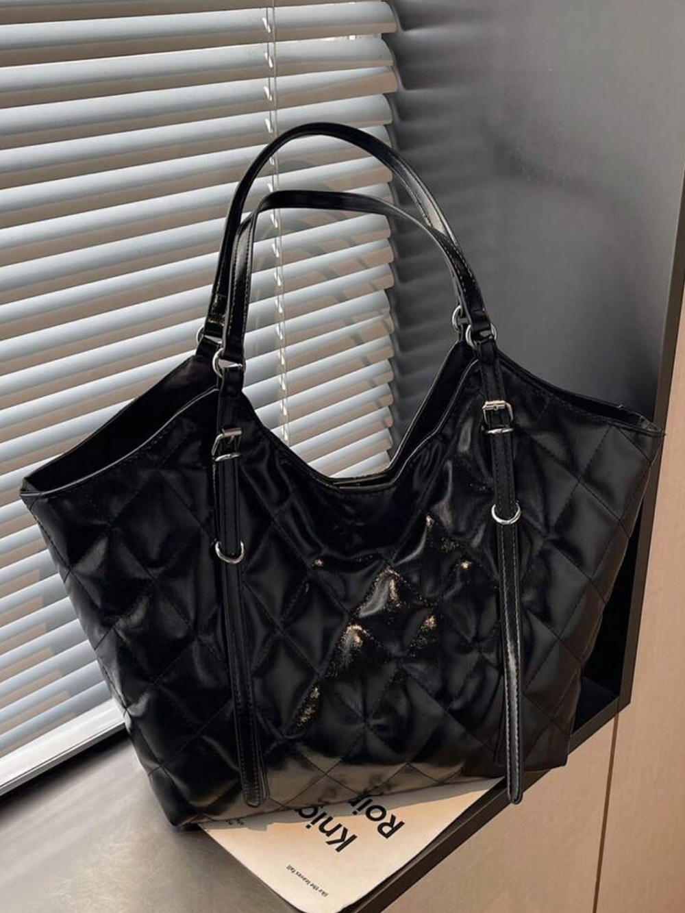 Black Quilted Patent Tote Bag - Classic Women’s Shoulder Bag